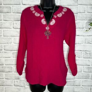 Ruby Rd boho top, red with white cruelwork detail, 100% cotton Size Medium